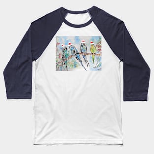 Christmas Budgies Budgerigars Sitting on A Branch Watercolor Painting Baseball T-Shirt